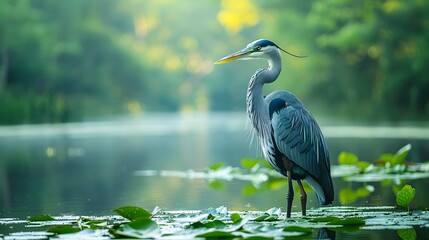 Side view of a heron perched on a calm lake.