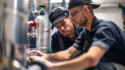 Two plumbers collaborating to install a large water heater in a basement.