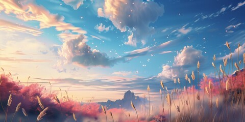 Peaceful Meadow: Vast Field of Tall Grass Swaying in the Gentle Breeze Under a Cloudy Sky