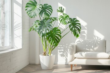 A large potted Monstera deliciosa plant in a bright room with white walls and a white couch.