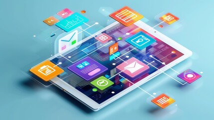 The image shows a tablet with various app icons arranged around it.