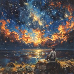 American physicist contemplating the mysteries of the universe under a starry sky