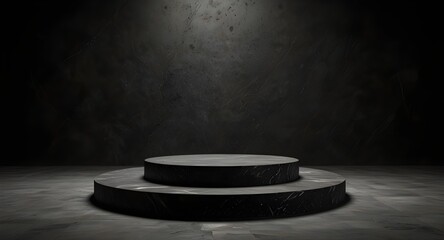 Black podium stone background rock product display 3d dark stand platform abstract stage scene studio. Stone wall black space podium mockup pedestal geometric marble showcase minimal presentation