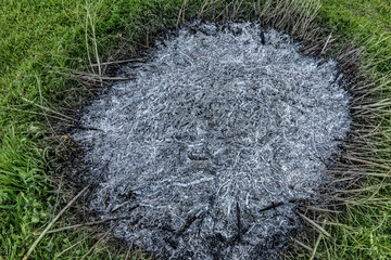 A close-up view of a pile of ashes, remnants of a fire, with intricate textures and tones,...