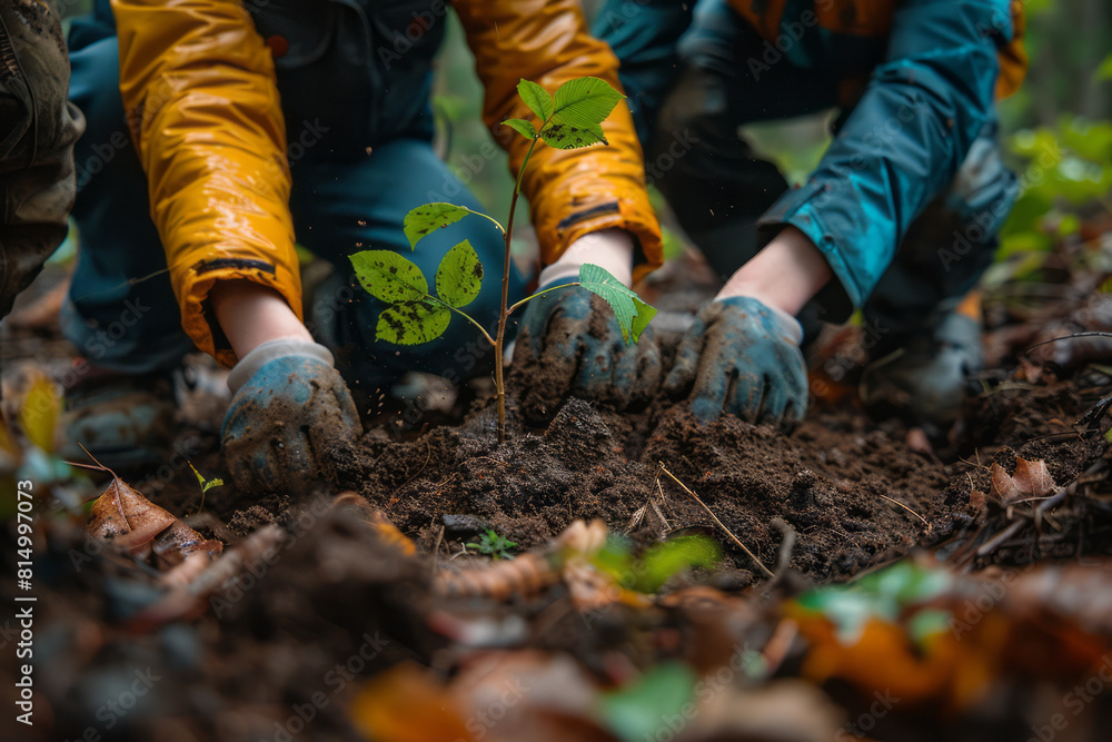 Poster scene of a family planting a tree together, the treeâ€™s roots weaving into a pattern that represent