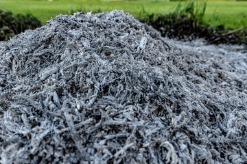 A close-up view of a pile of ashes, remnants of a fire, with intricate textures and tones, representing transformation and renewal.