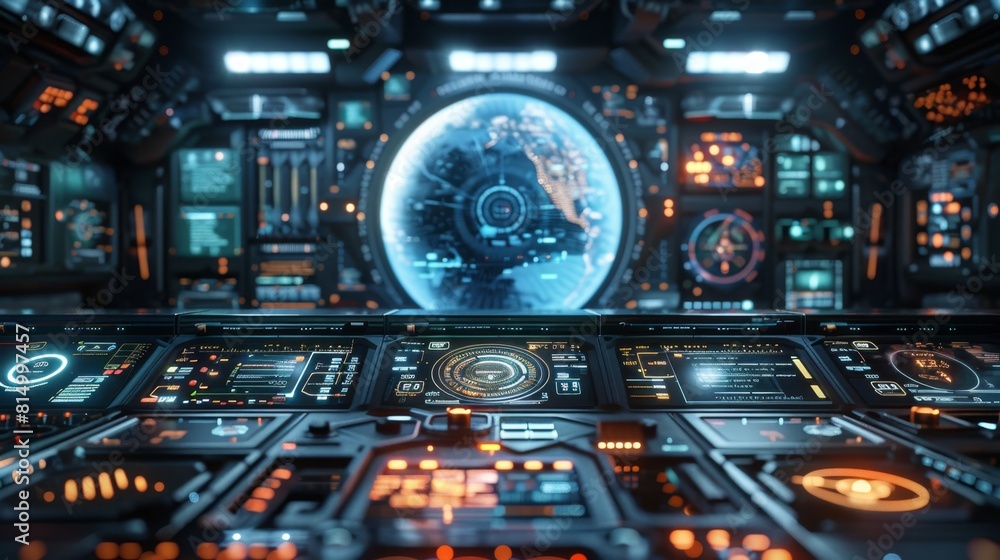 Poster a futuristic space station featuring a prominent large circular window, showcasing the advanced arch