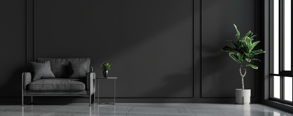 Black minimal interior with sofa and plant