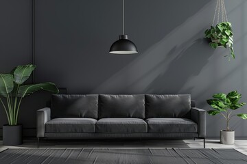 Black minimal interior with gray sofa and green plants