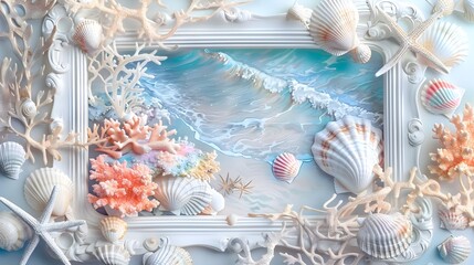 Underwater Seascape with Decorative Shells and Coral in Ornate Frame