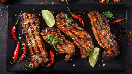 Grilled pork tenderloin steak in Scottish marinade with sweet chili pepper, with a side dish of sweet chili pepper and lime wedges.