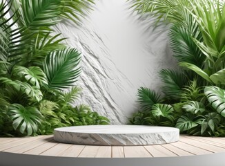 Fototapeta premium Product background, light marble pedestal and tropical plants in the background