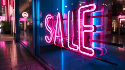 A neon sign with the word Sale written in pink letters. The sign is lit up and is hanging from the ceiling