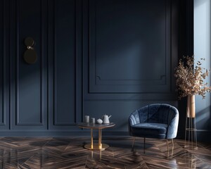 Blue velvet armchair and golden coffee table in dark blue room with wooden floor. 3d render