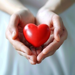 A person is holding a red heart in their hands. The heart is made of plastic and is placed between the person's fingers. Concept of love and care