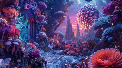 Vivid underwater fantasy scene with colorful mushrooms, exotic plants, and fanciful fish. High-resolution digital artwork that captures a magical aquatic ecosystem. Mystical ocean floor concept.