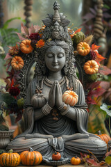 Fototapeta premium Scene of a goddess cradling a pumpkin, with a halo of autumn leaves and seasonal vegetables around her,