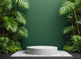 Fototapeta premium Product background, light marble pedestal and tropical plants in the background