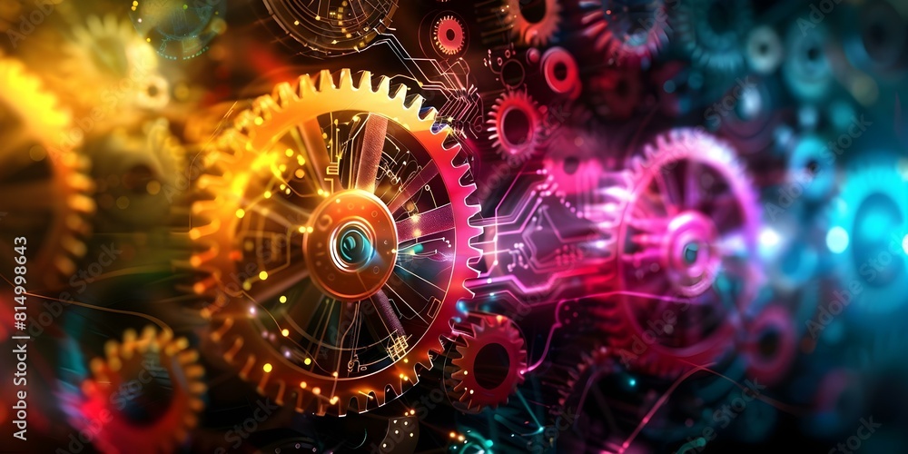 Poster blending vintage and modern technology elements: cogs and computer circuits. concept vintage technol