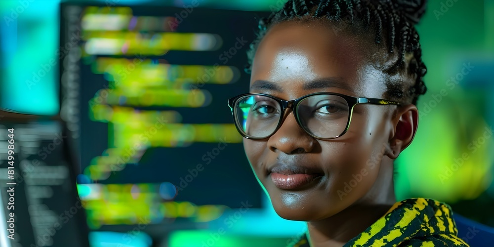 Poster dedicated afro woman programmer focused on software development. concept afro woman programmer, soft