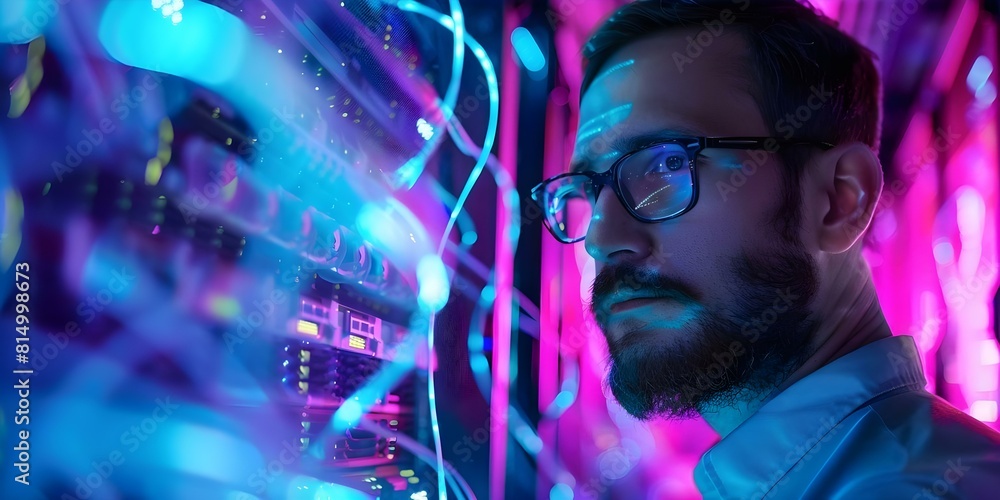 Poster it professional working in a server room managing digital technology and security. concept it securi