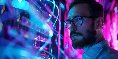 IT professional working in a server room managing digital technology and security. Concept IT Security, Server Management, Digital Technology, Workplace Safety, Cybersecurity