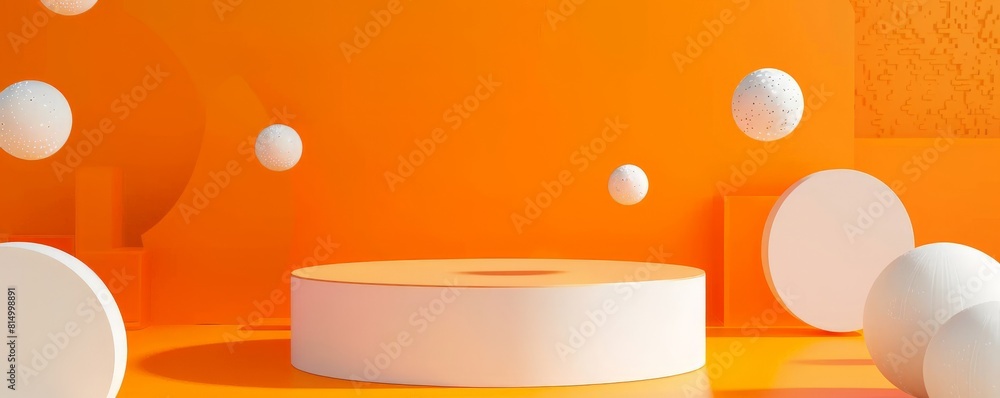 Poster orange background with podium for product presentation. 3d rendering.
