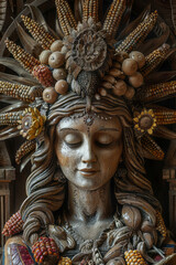 Fototapeta premium Scene of a goddess with a headdress of corn and wheat, holding a basket of harvest bounty,
