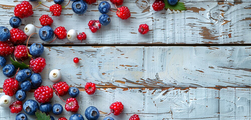 Wide format Memorial Day text over a whitewashed wood backdrop adorned with patriotic berries.