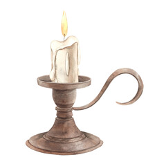 Burning candle in a metal copper candlestick in vintage style. Watercolor hand drawn illustration on isolated background in vintage style. The pattern is suitable for cards, books, invitations