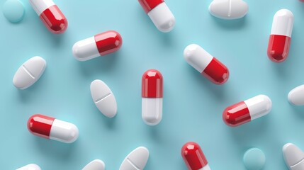 Red and white pills scattered on a blue background.