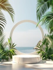 Fototapeta premium 3d products display podium scene, Tropical beach with palm trees in the background