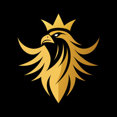 Golden Unique regal golden royal eagle, crown on head, front full face view, closeup, business Logo Vector