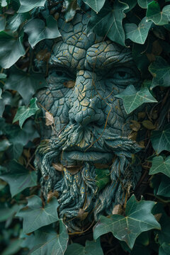 Depiction of the Green Man, a symbol of rebirth and the cycle of growth, emerging from a canopy of leaves and vines,