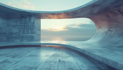 Abstract futuristic architecture with a curved wall and minimalist building design. In the background is an open space of a gray floor and sky. At sunset, there is a misty sea in front of it. 