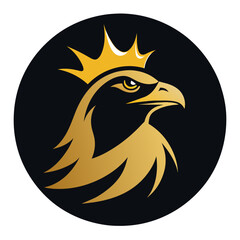 Golden Unique regal golden royal eagle, crown on head, front full face view, closeup, business Logo Vector