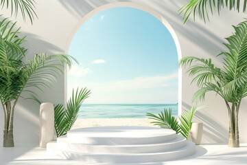 3d products display podium scene, Tropical beach with palm trees in the background