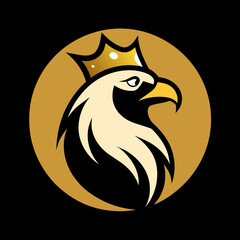 Golden Unique regal golden royal eagle, crown on head, front full face view, closeup, business Logo Vector