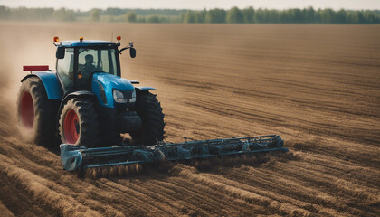 Obraz premium Agricultural machinery tractor on the field harvesting sowing