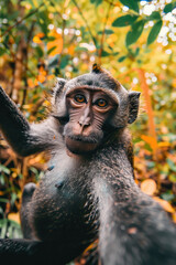 Fototapeta premium Playful monkey taking a selfie in the woods, Using a smartphone, leaves and trees background