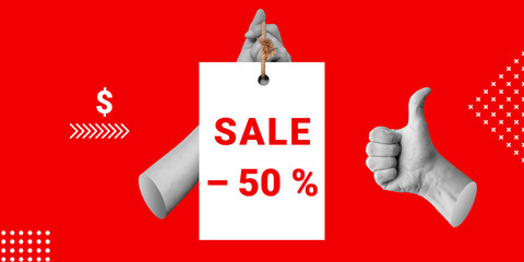 Sale, 50 per cent discount concept. Hand demonstrates 50 per cent off sale, hand with thumbs up approves the discount. Minimalist art collage