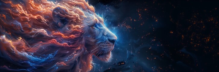 Majestic lion with ethereal mane in a cosmic setting