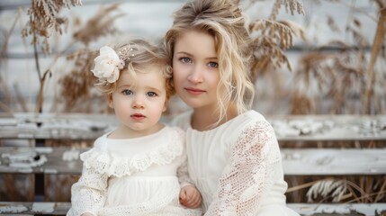 Obraz premium Two little girls are sitting on a bench