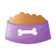 purple dog food bowl with bone in cartoon. pet bowl with dry food Vector illustration
