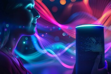 A woman is holding an Amazon Echo in front of a vibrant backdrop, interacting with the smart speaker using voice commands - Powered by Adobe