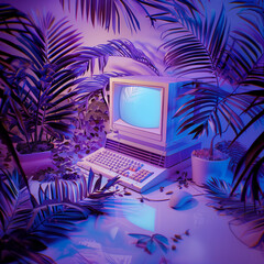 Retro futuristic background 1980s style with old vintage computer. Background is purple neon colors with tropical palm leaves. Synthwave concept.