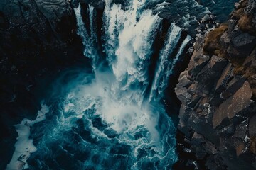 A waterfall in Iceland viewed from above as water cascades down a rocky cliff, showcasing the raw power of nature