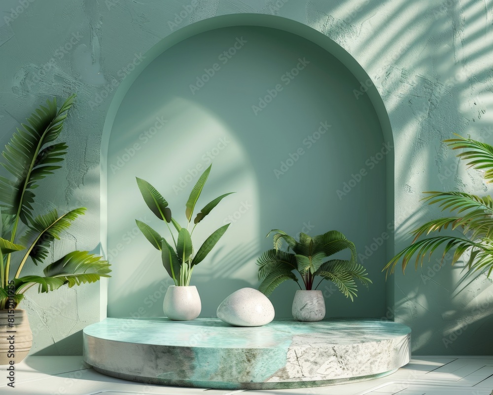 Poster the image is a 3d rendering of a green room with a white pedestal in the center. there are three pla