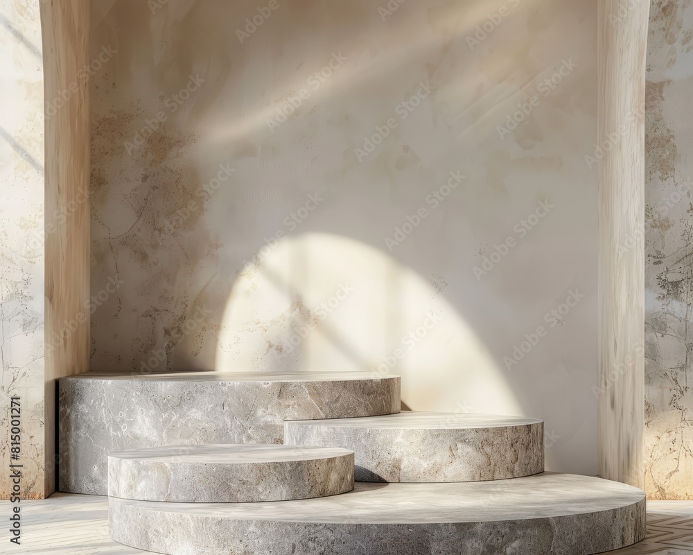 Poster the image is a 3d rendering of a podium made of marble. the podium has three steps and is lit by a s