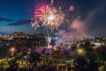 Aerial view of a park bustling with people as colorful fireworks light up the dark sky, creating a festive atmosphere